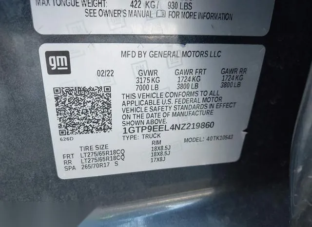 1GTP9EEL4NZ219860 2022 2022 GMC Sierra- 1500 Limited 4Wd  S 9