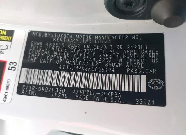 4T1K31AK8MU029424 2021 2021 Toyota Camry- Xse Hybrid 9