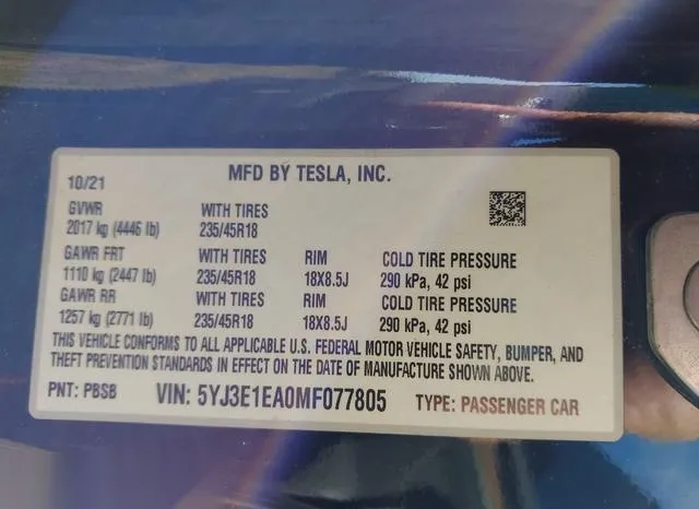 5YJ3E1EA0MF077805 2021 2021 Tesla Model 3- Standard Range P 9