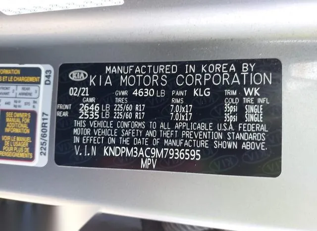 KNDPM3AC9M7936595 2021 2021 KIA Sportage- LX 9