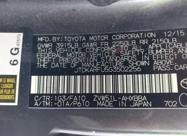 JTDKARFU5G3502256 2016 2016 Toyota Prius- Two Eco 9