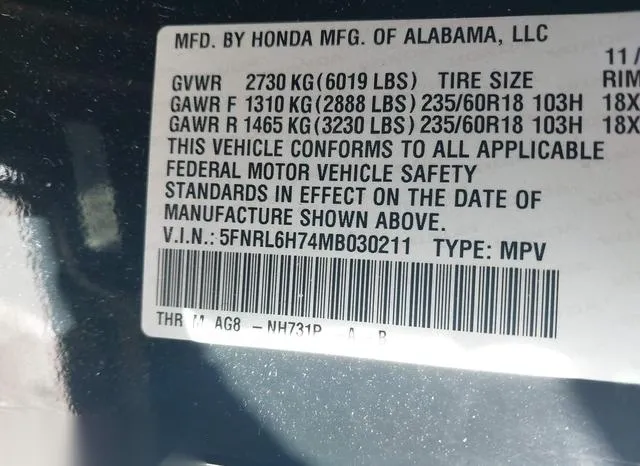 5FNRL6H74MB030211 2021 2021 Honda Odyssey- Ex-L 9