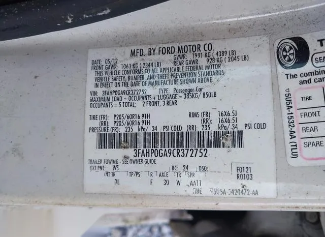 3FAHP0GA9CR372752 2012 2012 Ford Fusion- S 9