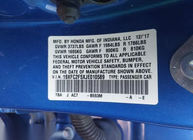 19XFC2F5XJE010589 2018 2018 Honda Civic- LX 9