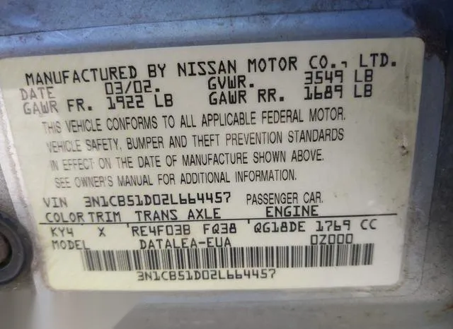 3N1CB51D02L664457 2002 2002 Nissan Sentra- Gxe 9