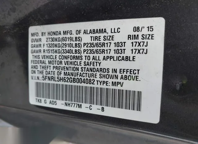 5FNRL5H62GB004082 2016 2016 Honda Odyssey- Ex-L 9