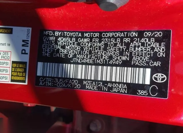 JTND4MBE1M3114949 2021 2021 Toyota Corolla- SE 9