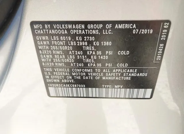 1V2UR2CA0KC587033 2019 2019 Volkswagen Atlas- 3-6L V6 Se W/ 9