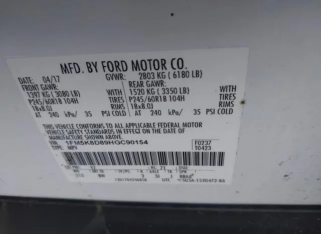 1FM5K8D89HGC90154 2017 2017 Ford Explorer- Xlt 9