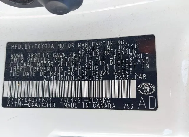 2T1BURHE8JC069155 2018 2018 Toyota Corolla- LE 9