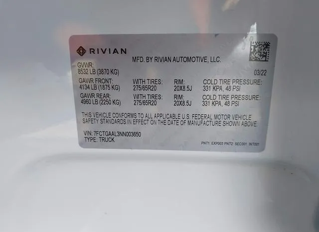 7FCTGAAL3NN003650 2022 2022 Rivian R1T- Launch Edition 9