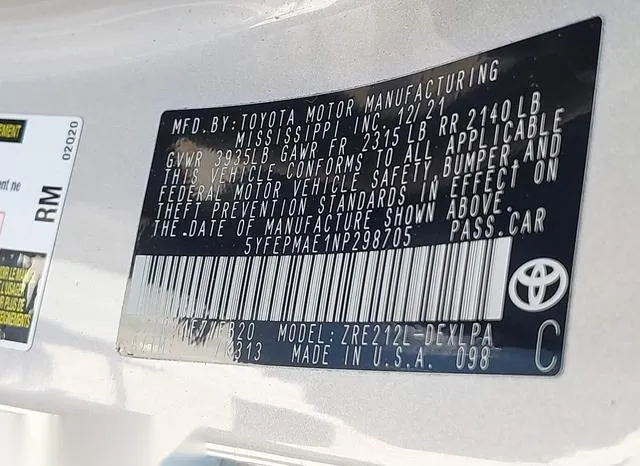 5YFEPMAE1NP298705 2022 2022 Toyota Corolla- LE 9