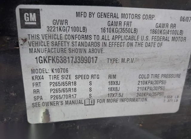 1GKFK63817J399017 2007 2007 GMC Yukon- Denali 9