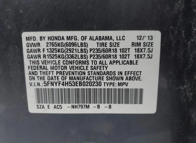 5FNYF4H53EB020230 2014 2014 Honda Pilot- Ex-L 9