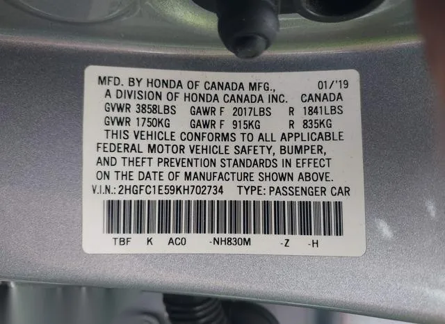 2HGFC1E59KH702734 2019 2019 Honda Civic- Si 9