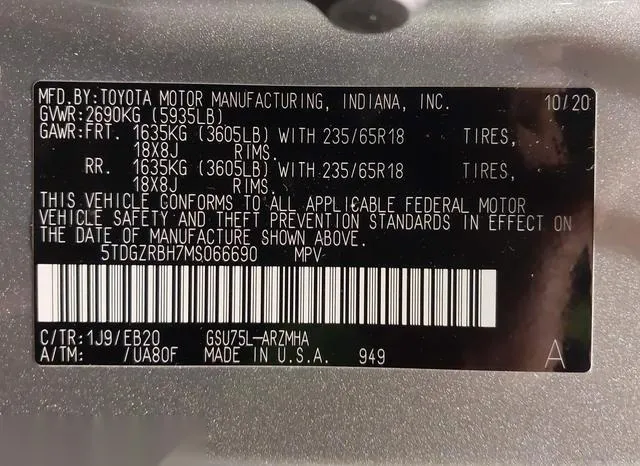 5TDGZRBH7MS066690 2021 2021 Toyota Highlander- Xle 9