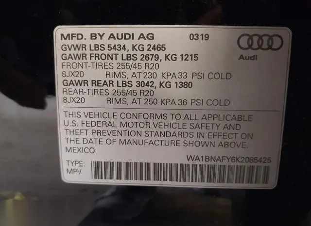 WA1BNAFY6K2085425 2019 2019 Audi Q5- 45 Premium 9