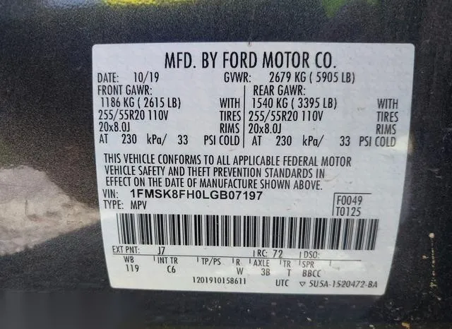 1FMSK8FH0LGB07197 2020 2020 Ford Explorer- Limited 9