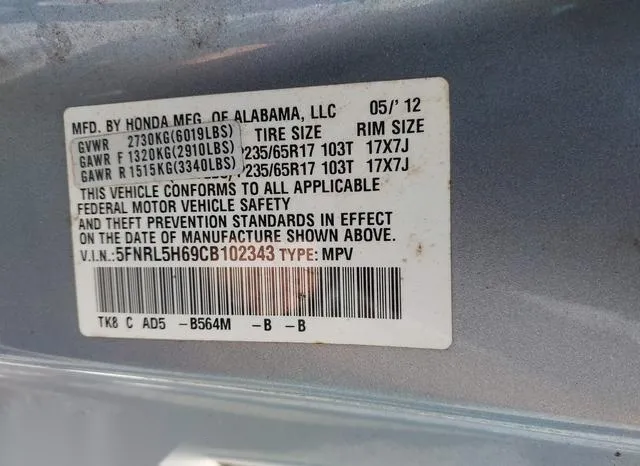 5FNRL5H69CB102343 2012 2012 Honda Odyssey- Ex-L 9