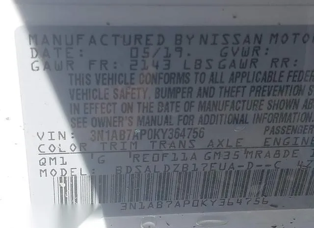 3N1AB7AP0KY364756 2019 2019 Nissan Sentra- SV 9