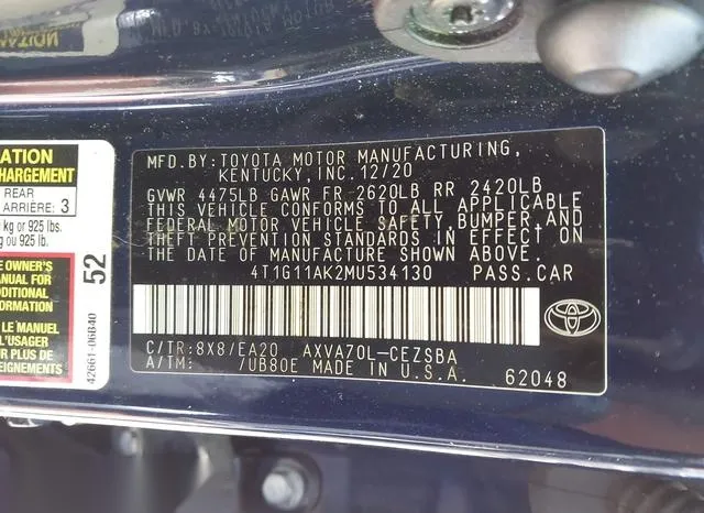 4T1G11AK2MU534130 2021 2021 Toyota Camry- SE 9