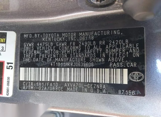 4T1B11HK8JU639606 2018 2018 Toyota Camry- LE 9