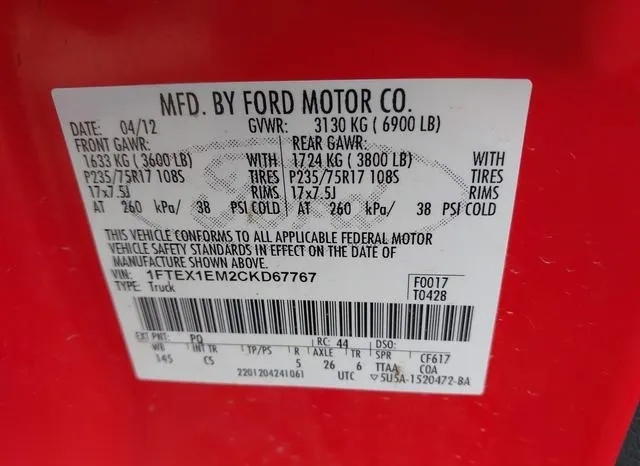 1FTEX1EM2CKD67767 2012 2012 Ford F-150- Stx 9