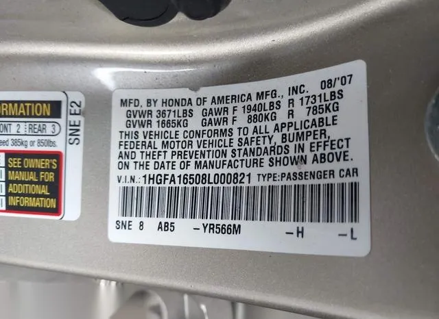 1HGFA16508L000821 2008 2008 Honda Civic- LX 9