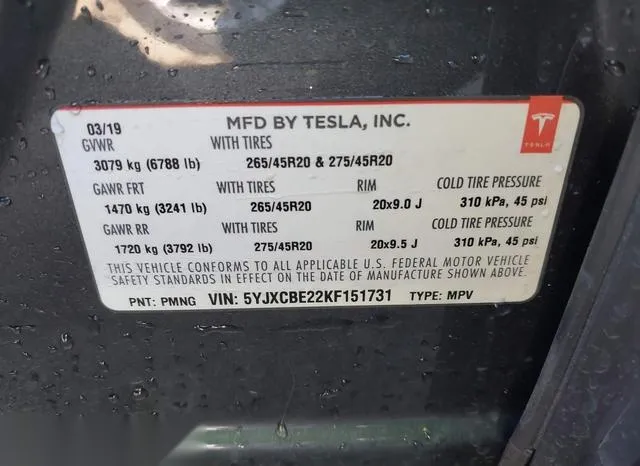 5YJXCBE22KF151731 2019 2019 Tesla Model X- 100D/75D/Long Range 9