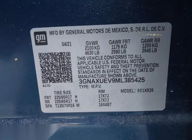 3GNAXUEV9ML385425 2021 2021 Chevrolet Equinox- Awd Lt 9