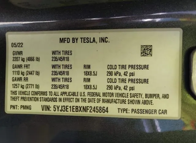 5YJ3E1EBXNF245864 2022 2022 Tesla Model 3- Long Range Dual 9