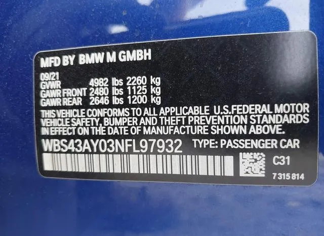 WBS43AY03NFL97932 2022 2022 BMW M3- Competition Xdrive 9