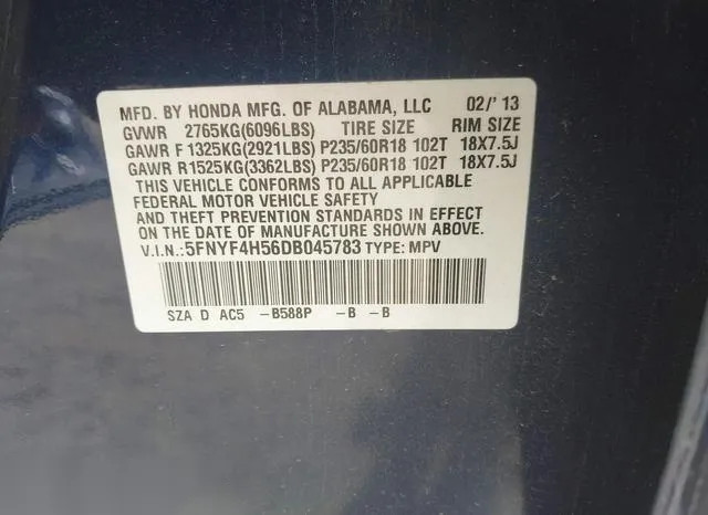 5FNYF4H56DB045783 2013 2013 Honda Pilot- Ex-L 9