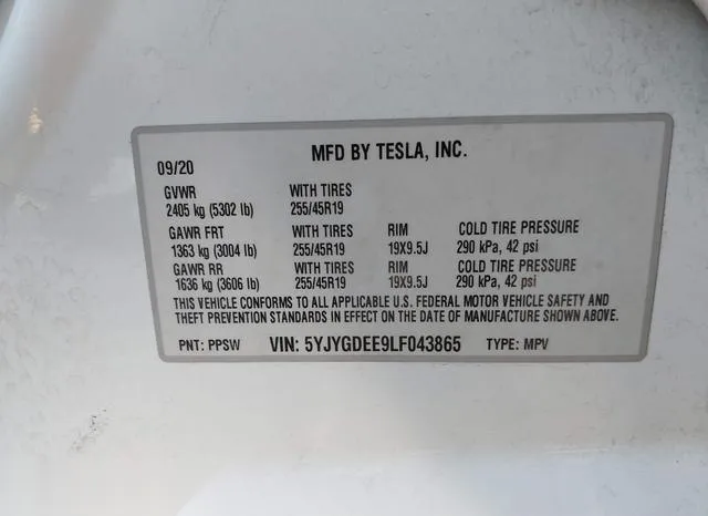 5YJYGDEE9LF043865 2020 2020 Tesla Model Y- Long Range Dual 9