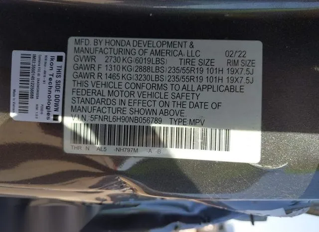 5FNRL6H90NB056789 2022 2022 Honda Odyssey- Elite 9