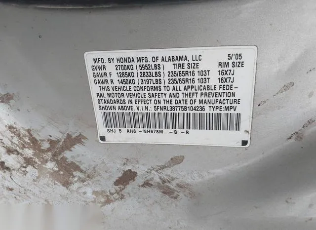 5FNRL38775B104236 2005 2005 Honda Odyssey- Ex-L 9