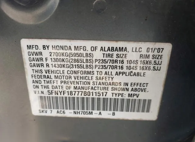 5FNYF18777B011517 2007 2007 Honda Pilot- Ex-L 9