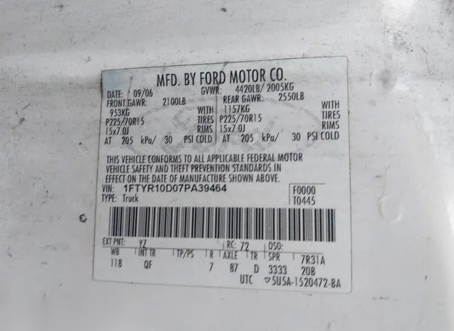 1FTYR10D07PA39464 2007 2007 Ford Ranger- Stx/Xl/Xlt 9