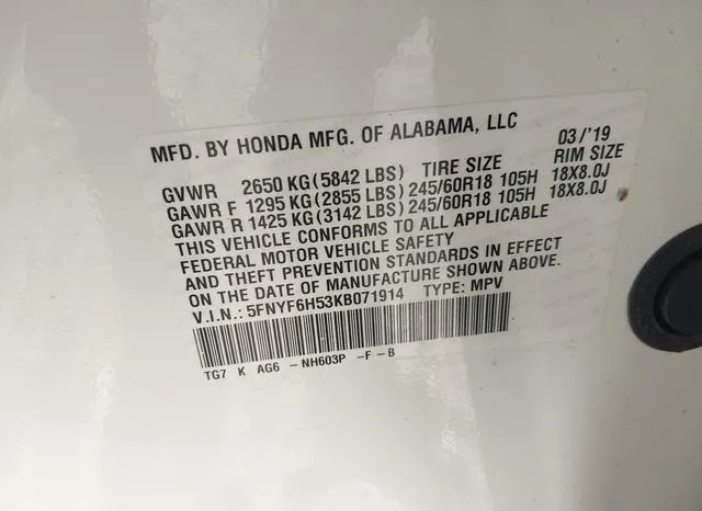 5FNYF6H53KB071914 2019 2019 Honda Pilot- Ex-L 9