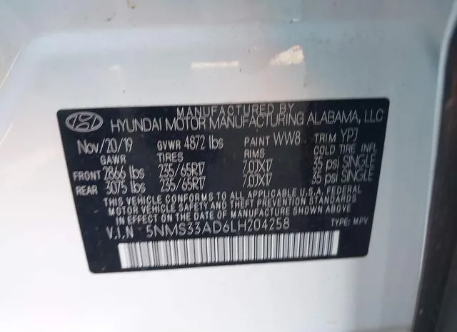 5NMS33AD6LH204258 2020 2020 Hyundai Santa Fe- Sel 9