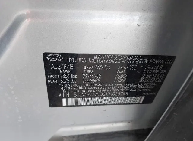 5NMS23AD2KH028245 2019 2019 Hyundai Santa Fe- SE 9