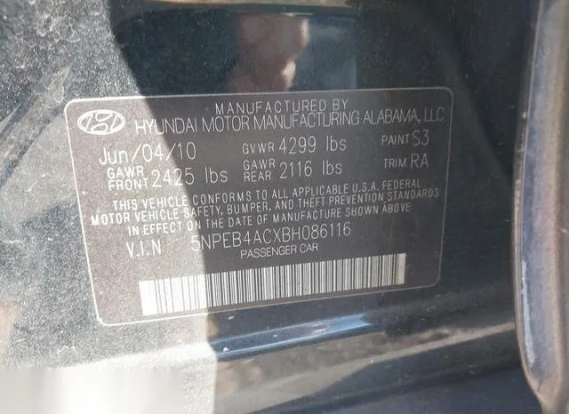 5NPEB4ACXBH086116 2011 2011 Hyundai Sonata- Gls 9