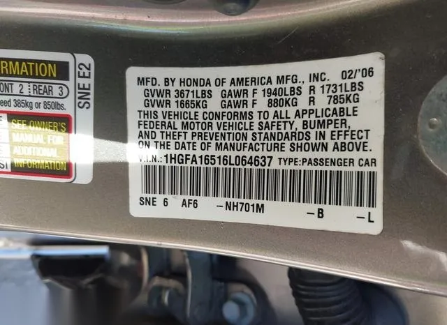 1HGFA16516L064637 2006 2006 Honda Civic- LX 9