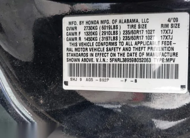 5FNRL38959B052063 2009 2009 Honda Odyssey- Touring 9