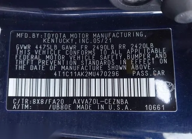 4T1C11AK2MU470296 2021 2021 Toyota Camry- LE 9