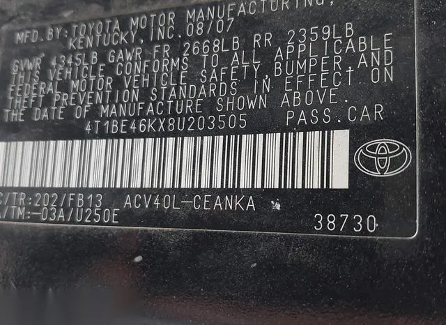 4T1BE46KX8U203505 2008 2008 Toyota Camry- LE 9