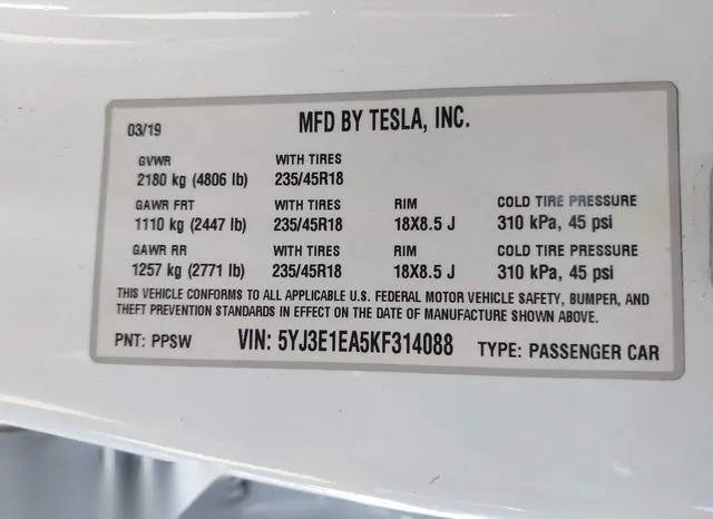 5YJ3E1EA5KF314088 2019 2019 Tesla Model 3- Long Range/Mid R 9