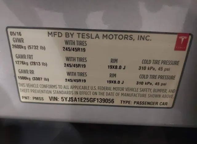 5YJSA1E25GF139056 2016 2016 Tesla Model S- 60D/70D/75D/85D/90D 9