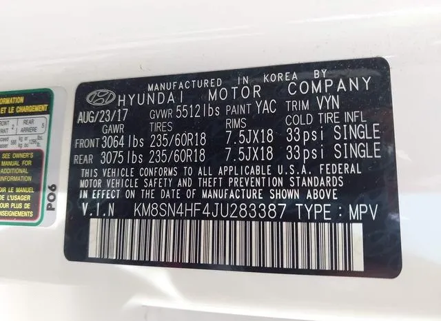 KM8SN4HF4JU283387 2018 2018 Hyundai Santa Fe- SE 9