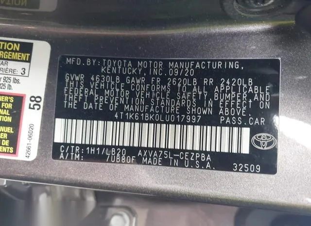 4T1K61BK0LU017997 2020 2020 Toyota Camry- Xse Awd 9